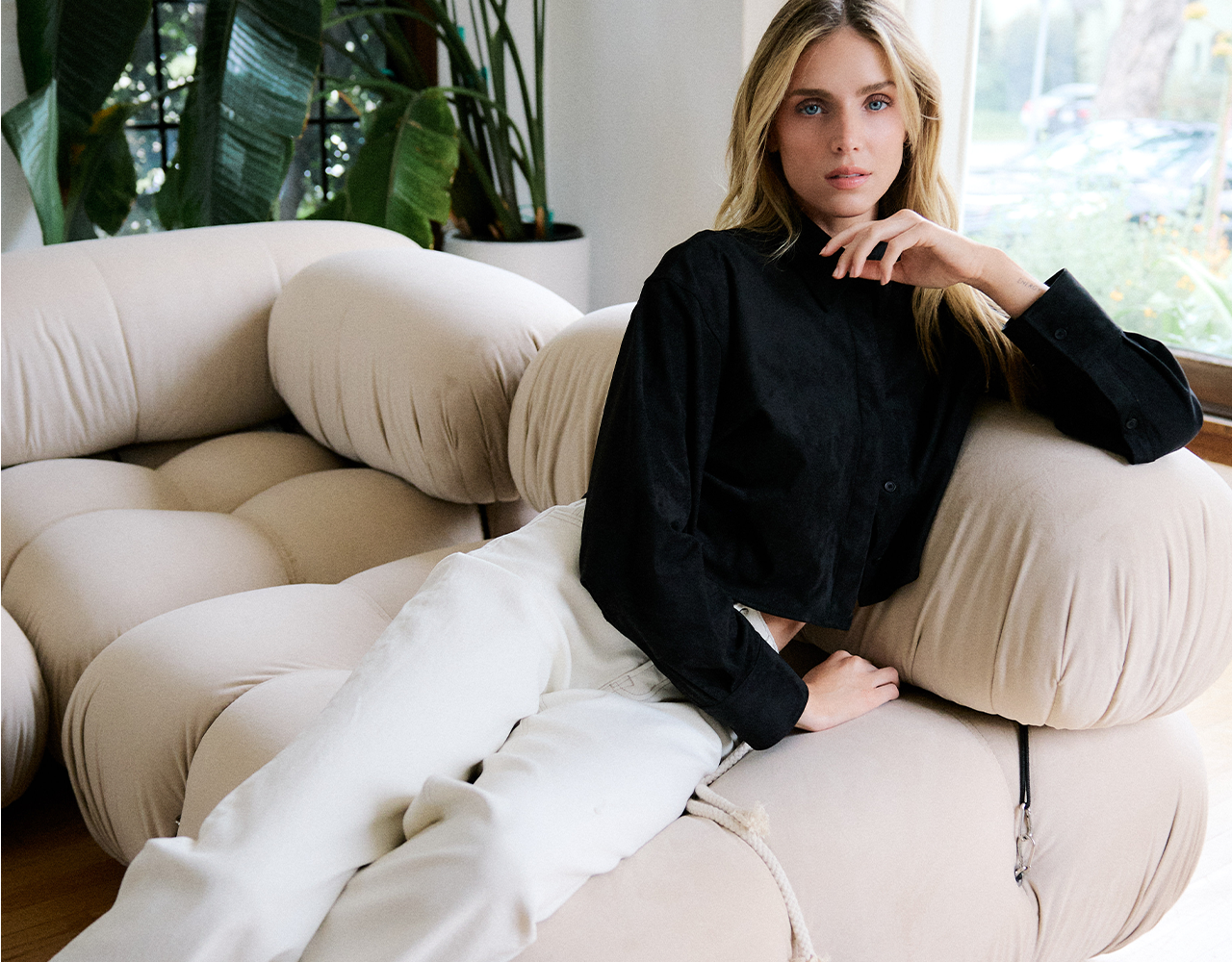 Model in High Rise Front Welt Pocket Detail Barrel Jeans and Long Sleeves Knit top, linking to Flying Monkey fresh arrivals collection.